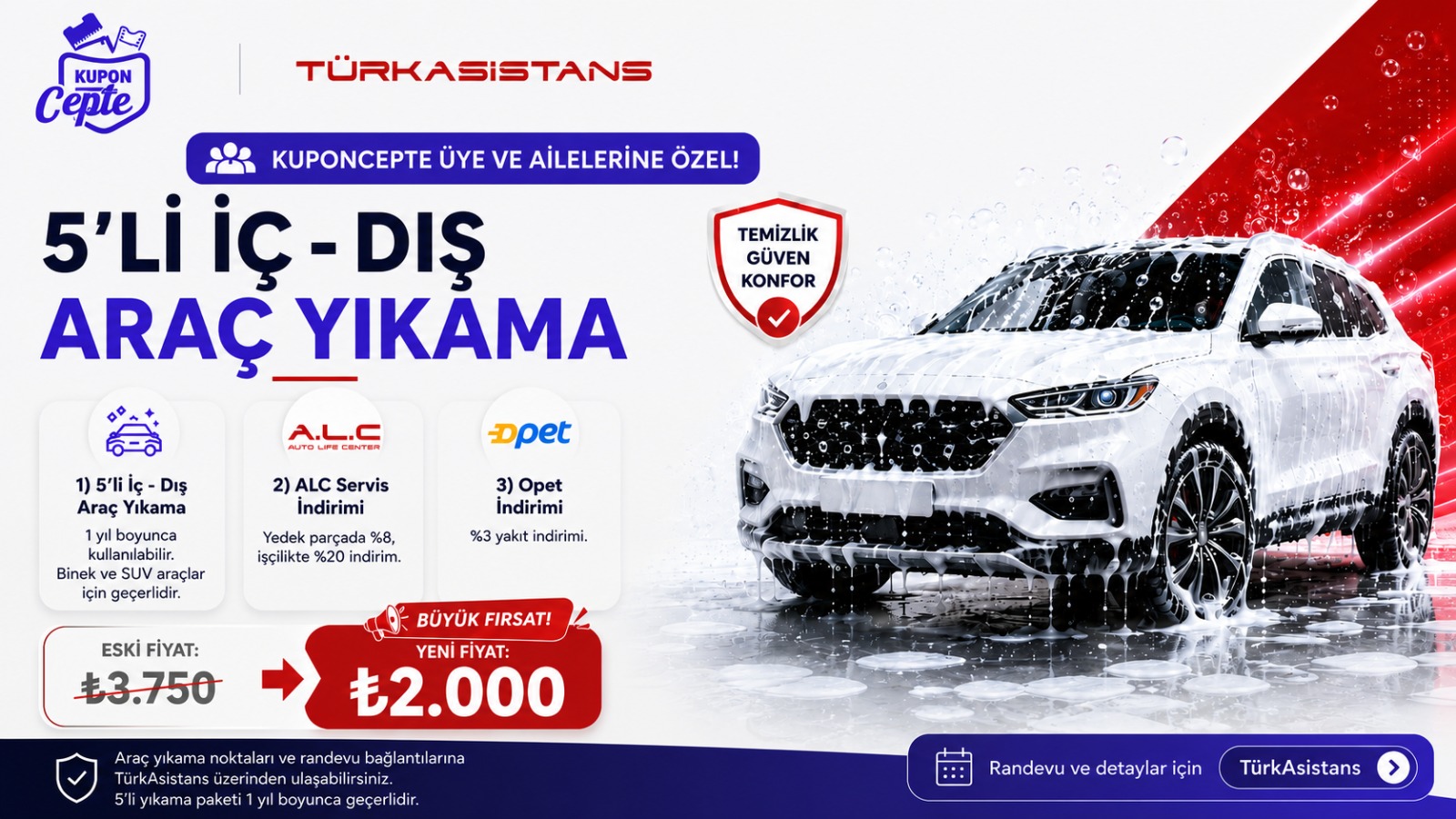 5'li İç-Dış Araç Yıkama 3.750 TL yerine sadece 2.000 TL!